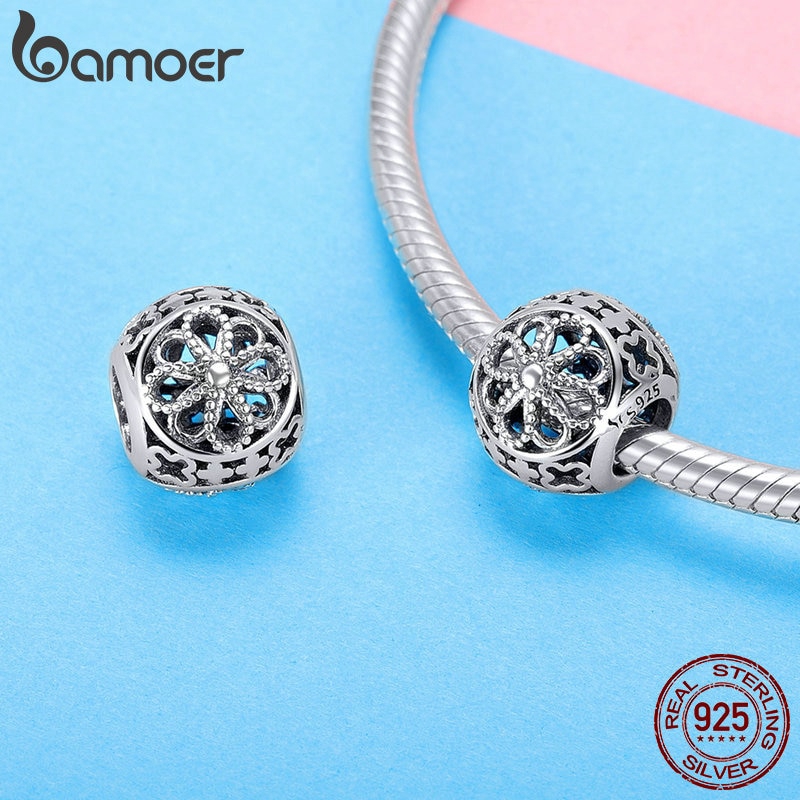 Hạt phụ kiện Bamoer bằng bạc 925 hình hoa dùng để làm vòng tay/dây chuyền thủ công xinh xắn