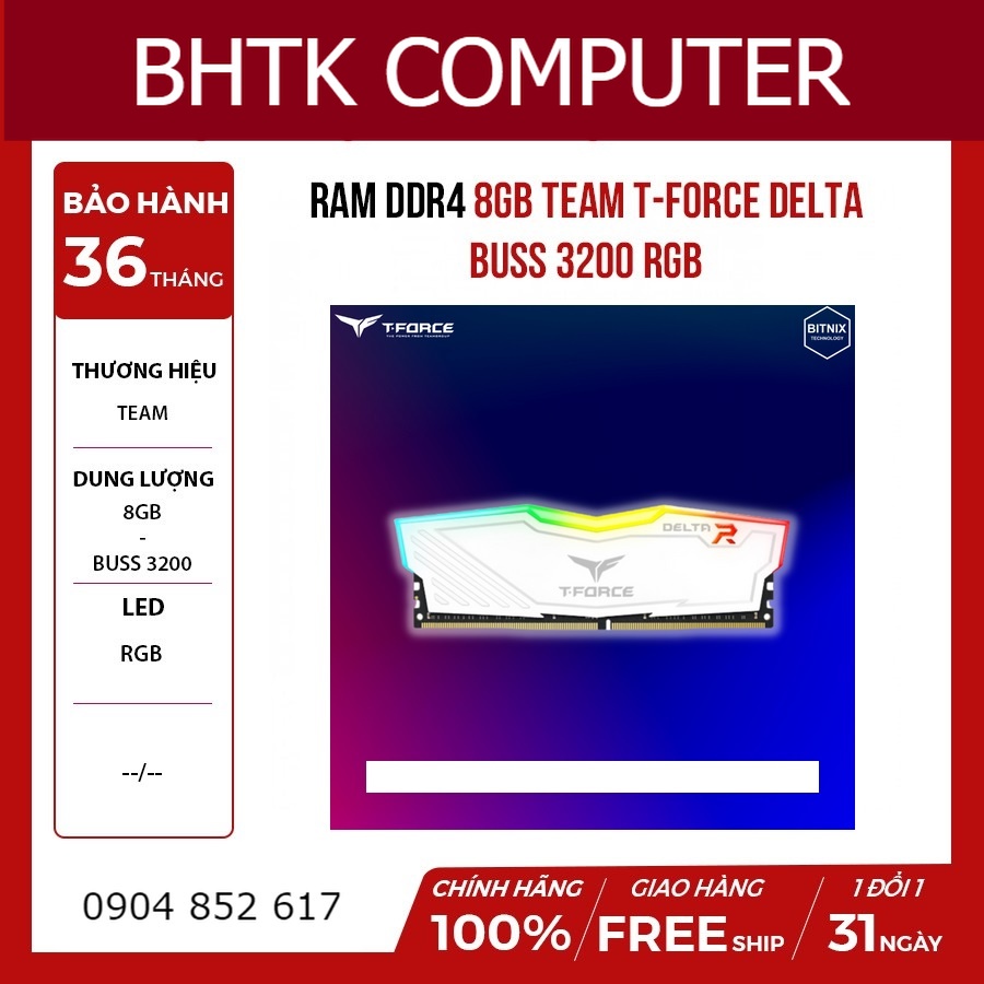 Ram T-Force Delta RGB DDR4 8GB 3200 màu trắng led RGB siêu đẹp hàng chính hãng bảo hành 36 tháng