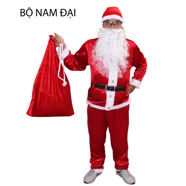 Trọn bộ noel người lớn: quần áo, mũ, râu, tải đựng quà