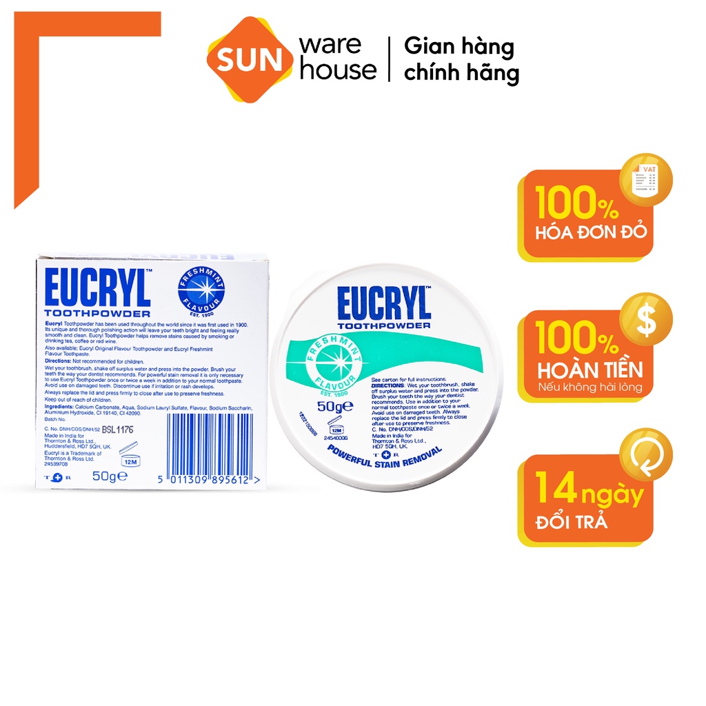 Bột Tẩy Trắng Răng Bạc Hà Eucryl Toothpowder Giúp Làm Sạch Miệng, Hơi Thở Thơm Mát 50g