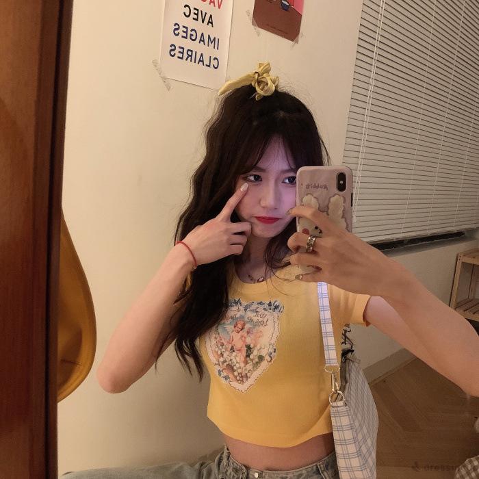 Áo Croptop Tay Ngắn Cổ Tròn In Hình Thiên Thần Thời Trang Dành Cho Nữ