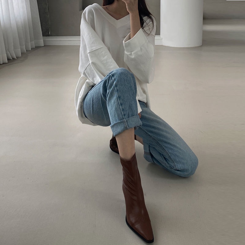 ☇Giày Boot Cao Gót Mũi Vuông Phong Cách Retro Hàn Quốc