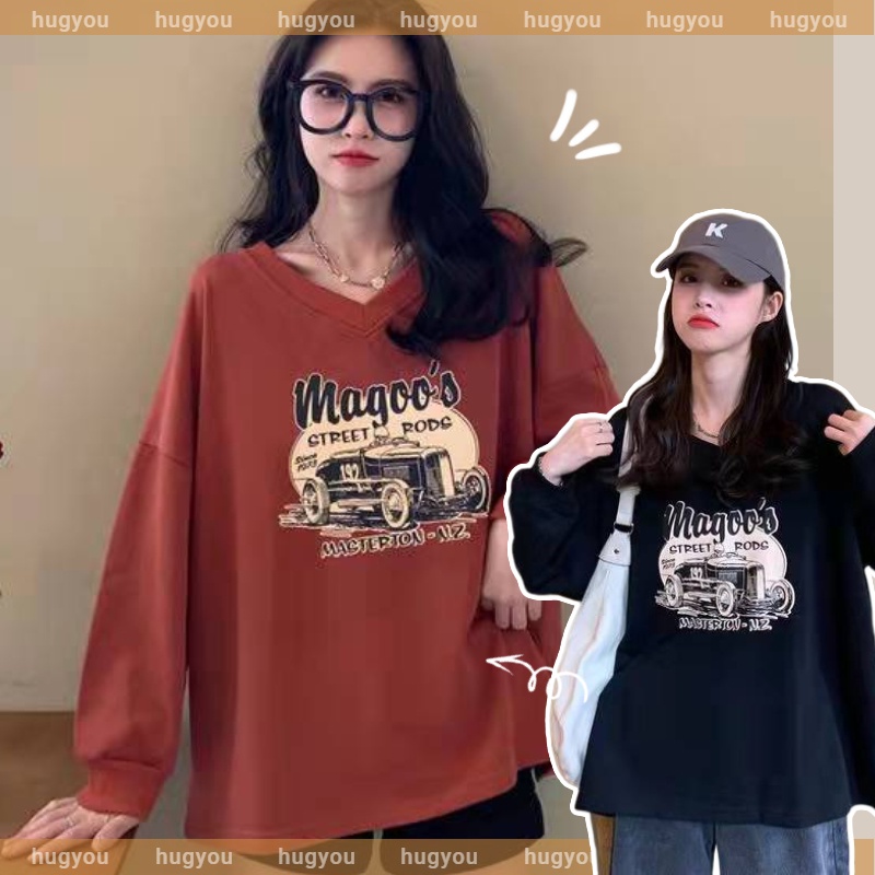 Áo thun dài tay cổ V in họa tiết xinh xắn hợp thời trang cho nữ