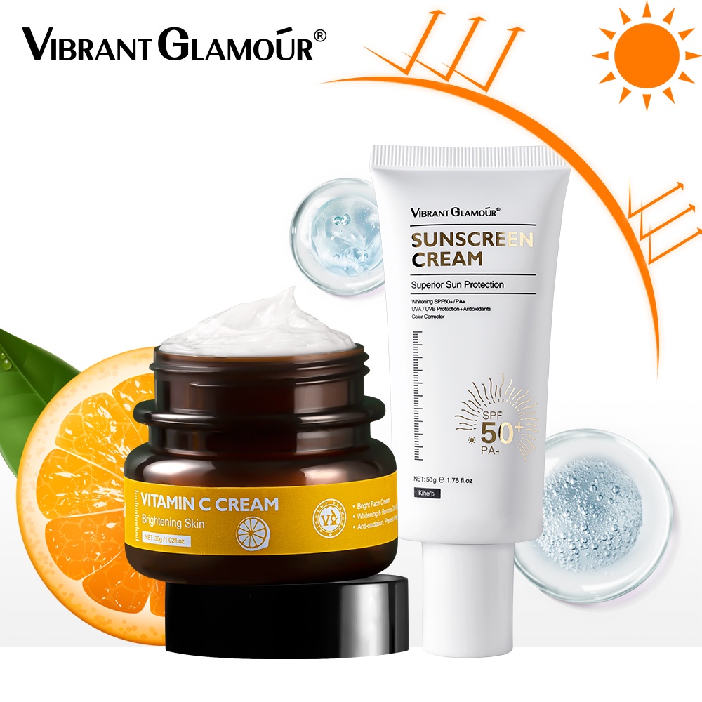 Bộ mỹ phẩm 2 món VIBRANT GLAMOUR gồm kem chống nắng + kem cấp vitamin C chống lão hóa và tàn nhang cho da chuyên nghiệp