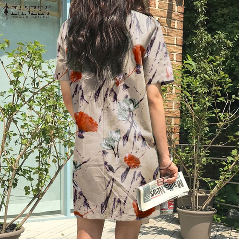 Đầm tay ngắn ZANZEA cổ tròn phong cách vintage dành cho nữ