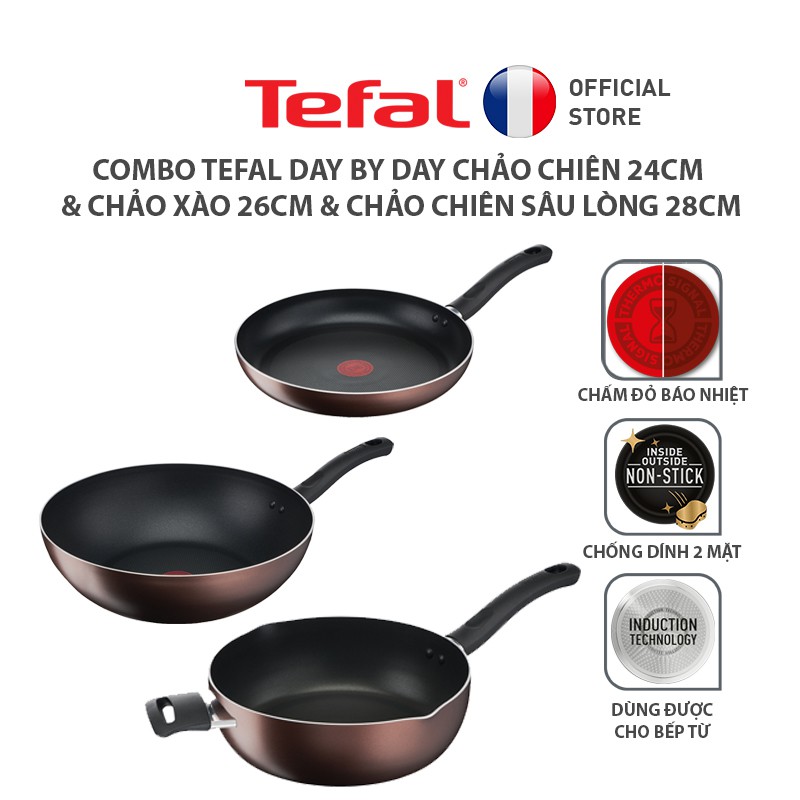 [Mã LIFEHL25 giảm 10% đơn 350K] Combo Tefal Day By Day Chảo chiên 24cm &amp; Chảo xào 26cm &amp; Chảo chiên sâu lòng 28cm