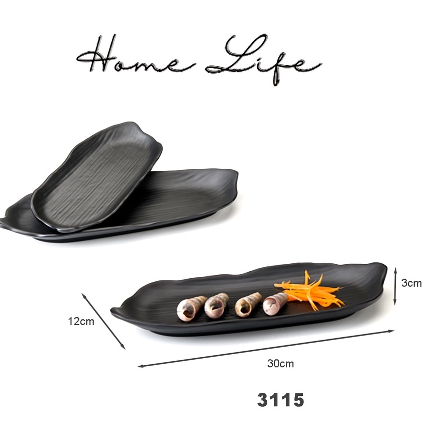 Đĩa melamine A5 chữ nhật dài 3115 | Đĩa thoi dài đen nhám chuyên dùng cho nhà hàng lẩu nướng bbq