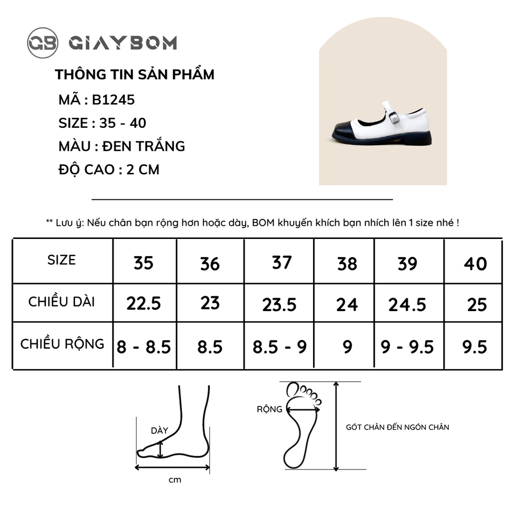 Giày Mary Jane giayBOM chất liệu da mỏng êm chân đế cao 2 cm B1245