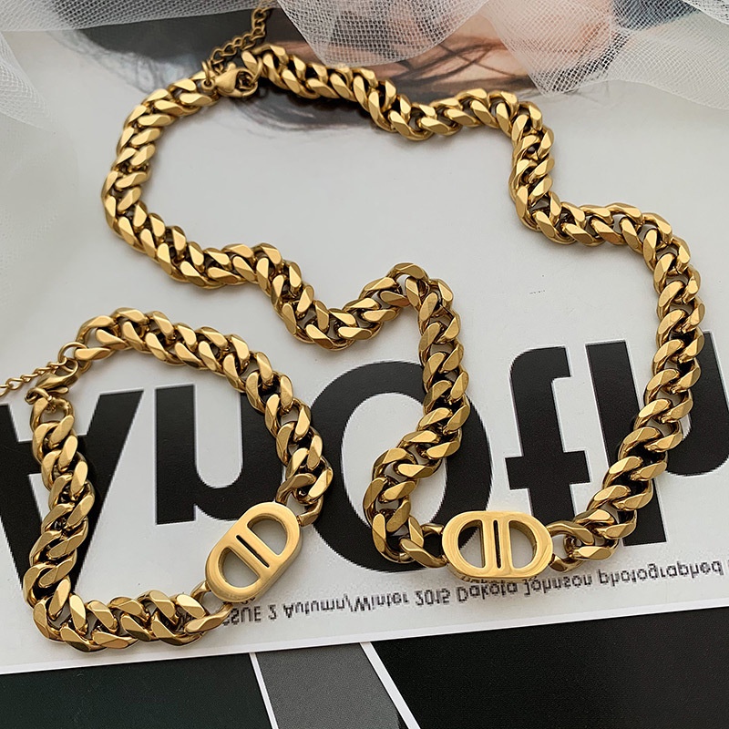 Vòng cổ Sợi Xích Dày Hai Lớp Mặt Chữ D Phong Cách Hip hop Cá Tính Dễ Phối Đồ Cho Nữ