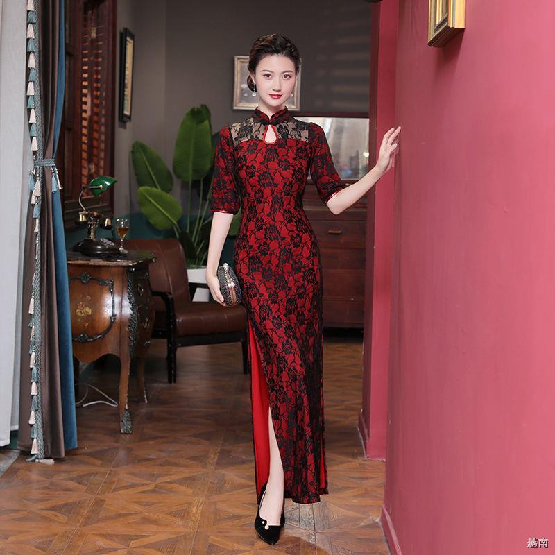 ♦▬Đêm Thượng Hải cổ điển sàn diễn thời trang dài tay áo ren sườn xám biểu trên sân khấu cải tiến khe cao thanh lị