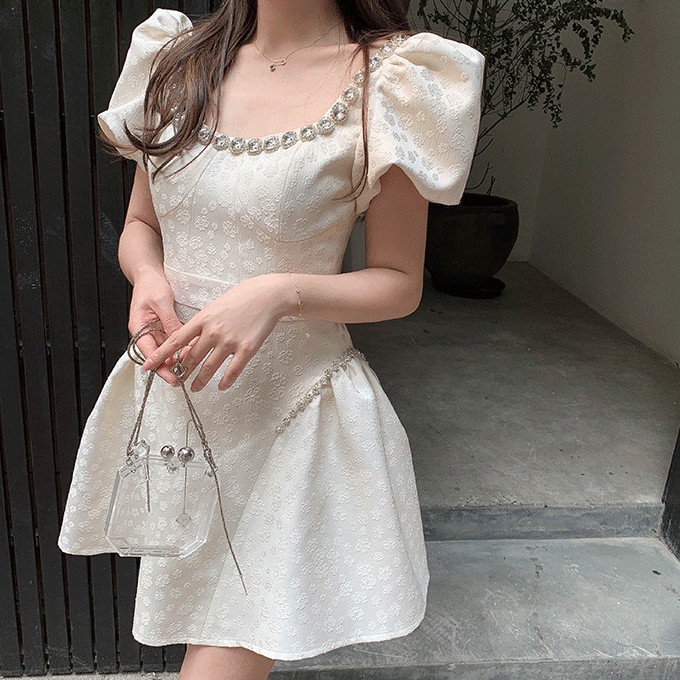 Cổ Phiếu Sẵn Sàng❣Ah F &amp; X Đầm Tay Phồng Đính Đá Phong Cách Preppy Mùa Hè 2022 Mới Cho Nữ