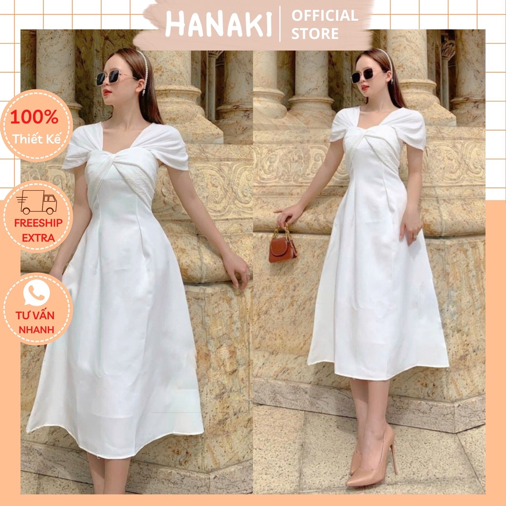 Đầm Trắng Dự Tiệc Thiết Kế Xoắn Chéo Chuẩn Form Sang Trọng Chất Vải Tafta May 2 Lớp Hanaki HNK1012