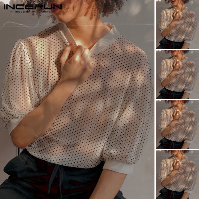 INCERUN Áo Thun Tay Lửng Xuyên Thấu Họa Tiết Chấm Bi Thời Trang Mùa Hè Cho Nam