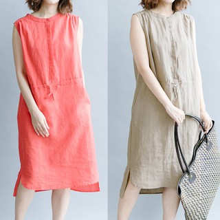 heerryzon Women Cotton Linen Solid Color  Collar Sleeveless Casual  Plus Size Dress