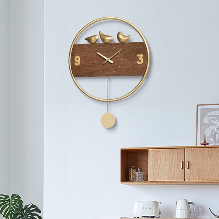 Đồng hồ mặt gỗ khung kim loại thiết kế đơn giản trang trí phòng, đồng hồ treo tường quả lắc  độc lạ 3 chú chim DH0002