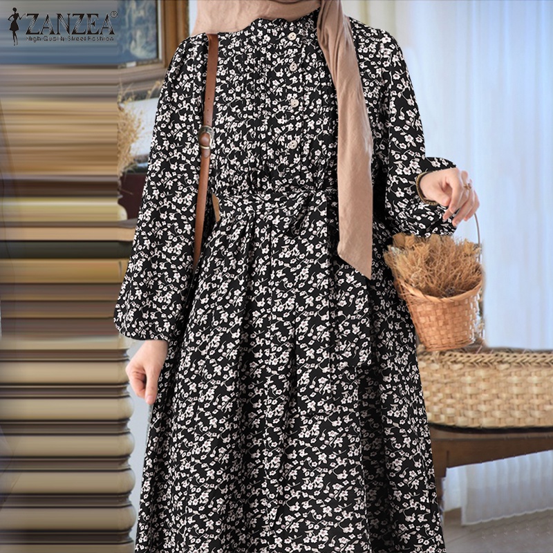 Đầm dài Zanzea tay phồng cổ tròn in họa tiết hoa phong cách cổ điển dành cho nữ
