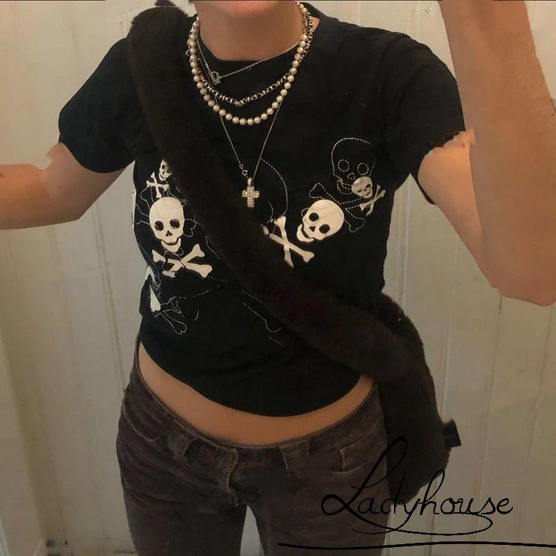 Áo Thun T-shirt Tay Ngắn Cổ Tròn In Hình Đầu Lâu Màu Sắc Tương Phản Phong Cách Punk Dành Cho Nữ