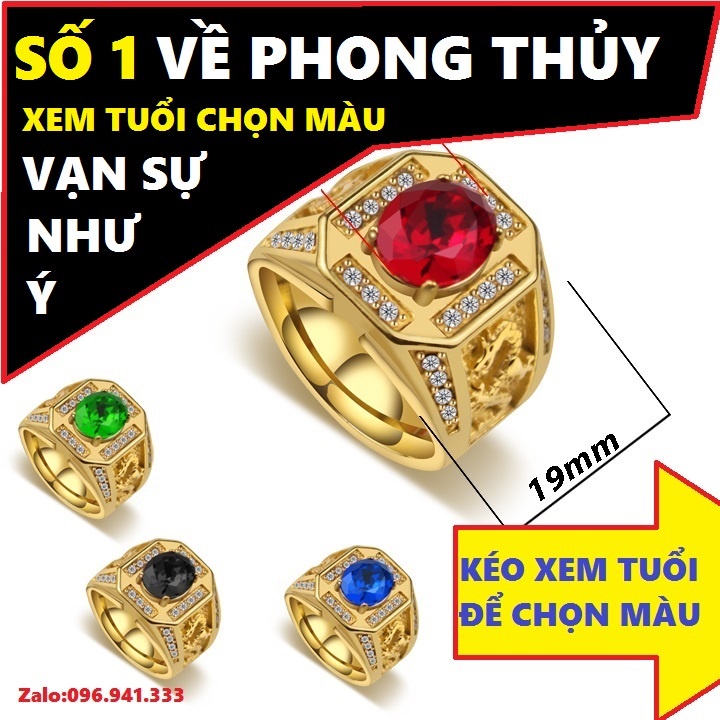 Nhẫn nam titan hình rồng mạ vàng không gỉ đính đá phong thủy, đỏ, đen, xanh, inox
