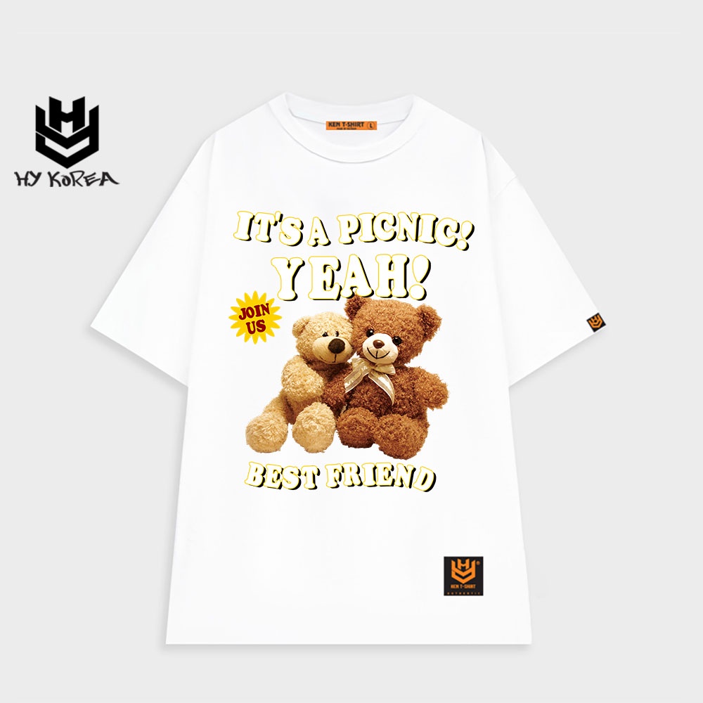 Áo thun cặp nhóm tay lỡ HY KOREA nam nữ form rộng in hình Gấu Best Friend 476