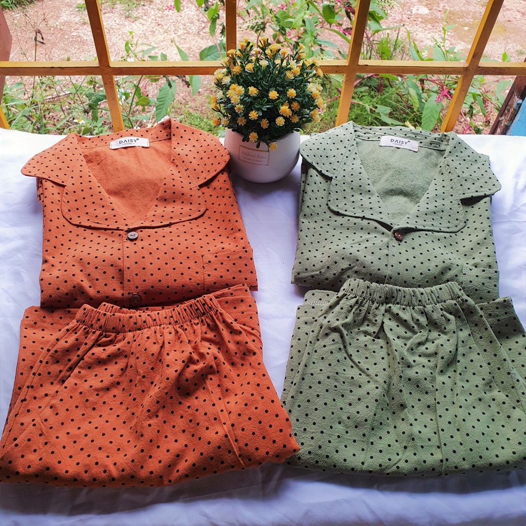 Pyjama mặc nhà thô đũi cara chấm bi nền xanh - cam đất