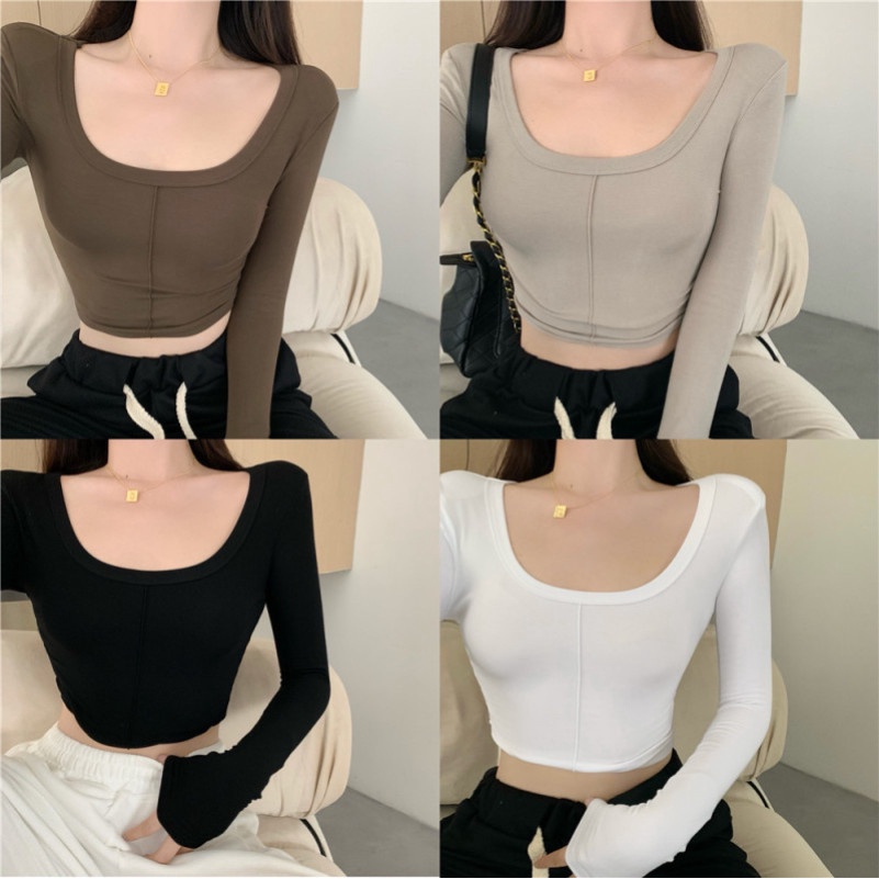 Áo thun lửng tay dài cổ chữ U thời trang cho nữ