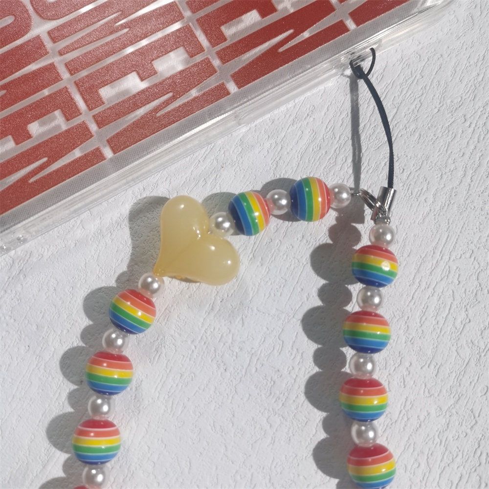 Dây Đeo Điện Thoại Bằng Acrylic Mềm Chống Thất Lạc Đính Hạt Ngọc Trai Màu Cầu Vồng Dễ Thương