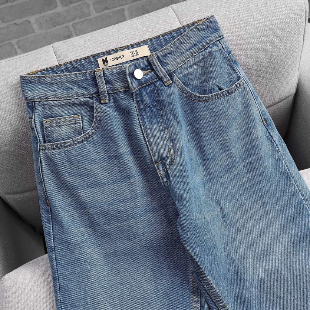 Quần Mom Jeans Nữ Form Dáng Baggy Ôm Vừa Ống Đứng Màu Xanh Có Wash Hông - Đùi  (M-02B)