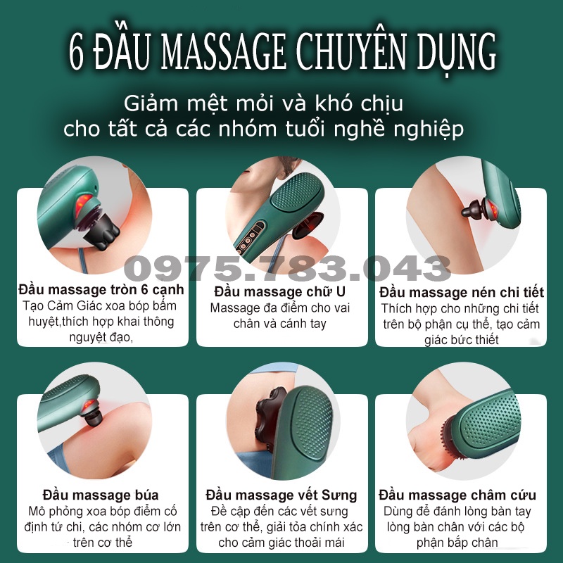 Máy Đấm Lưng Cầm Tay, Massage Cầm Tay không dây 6 Đầu Phiên Bản Cao Cấp 2021 (Bảo Hành 1 Năm)