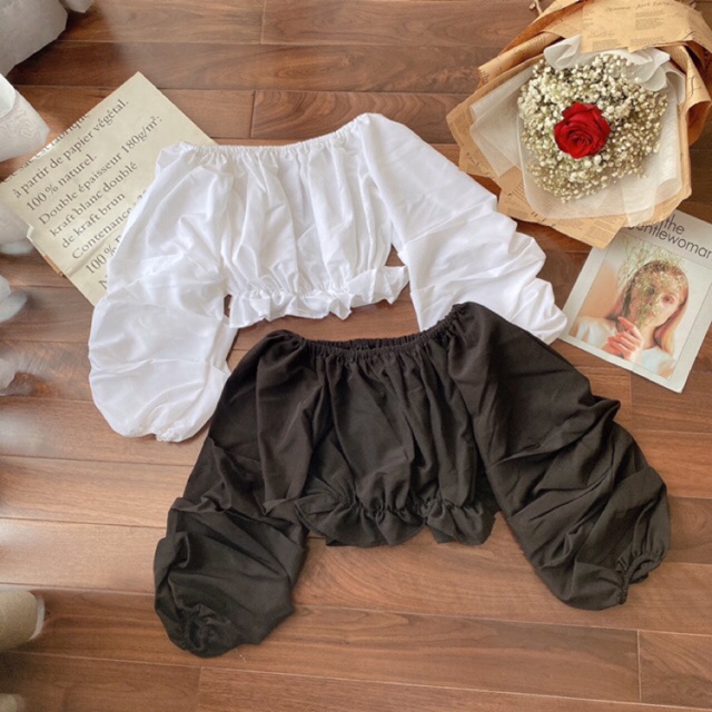 Áo croptop bẹt vai tay nhún