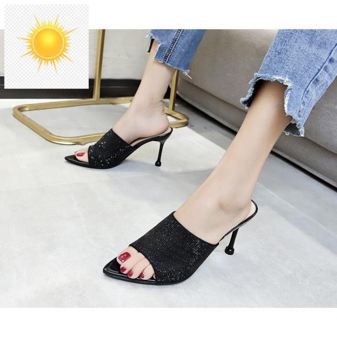 🌺Dép Cao Gót Đính Đá A136 Hở Mũi Nhọn / Giầy Cao Gót Đế Nhọn / Giầy cao Gót Hàn Quốc