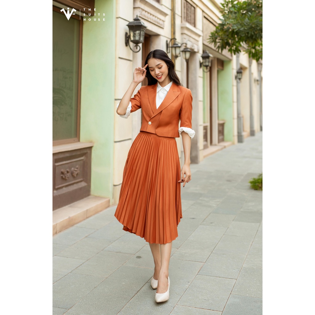 Bộ vest nữ cam phối chân váy xếp ly, suits chuẩn form, chất Wool The Suits House