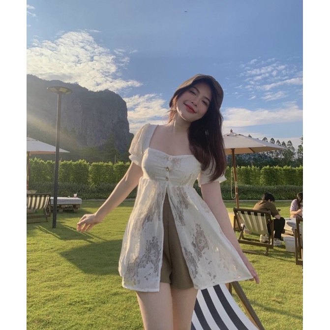 SET ÁO PEPLUM REN XẺ + QUẦN SHORT NÂU