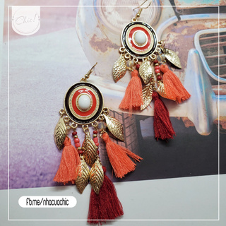 Hoa tai Boho phối tua rua hồng cam + tua rua đỏ