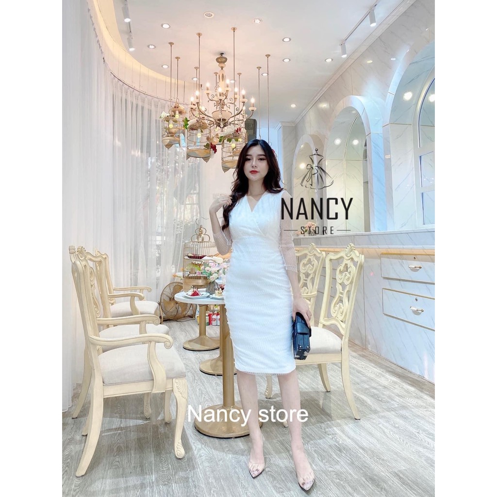 Váy body đen, trắng cổ tim phối tay và mặt trước zen cao cấp Nancy A4 | BigBuy360 - bigbuy360.vn