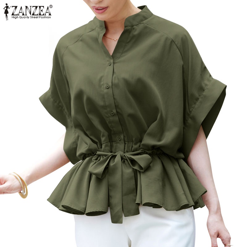 Áo ZANZEA tay ngắn cổ chữ v màu trơn thời trang cho nữ