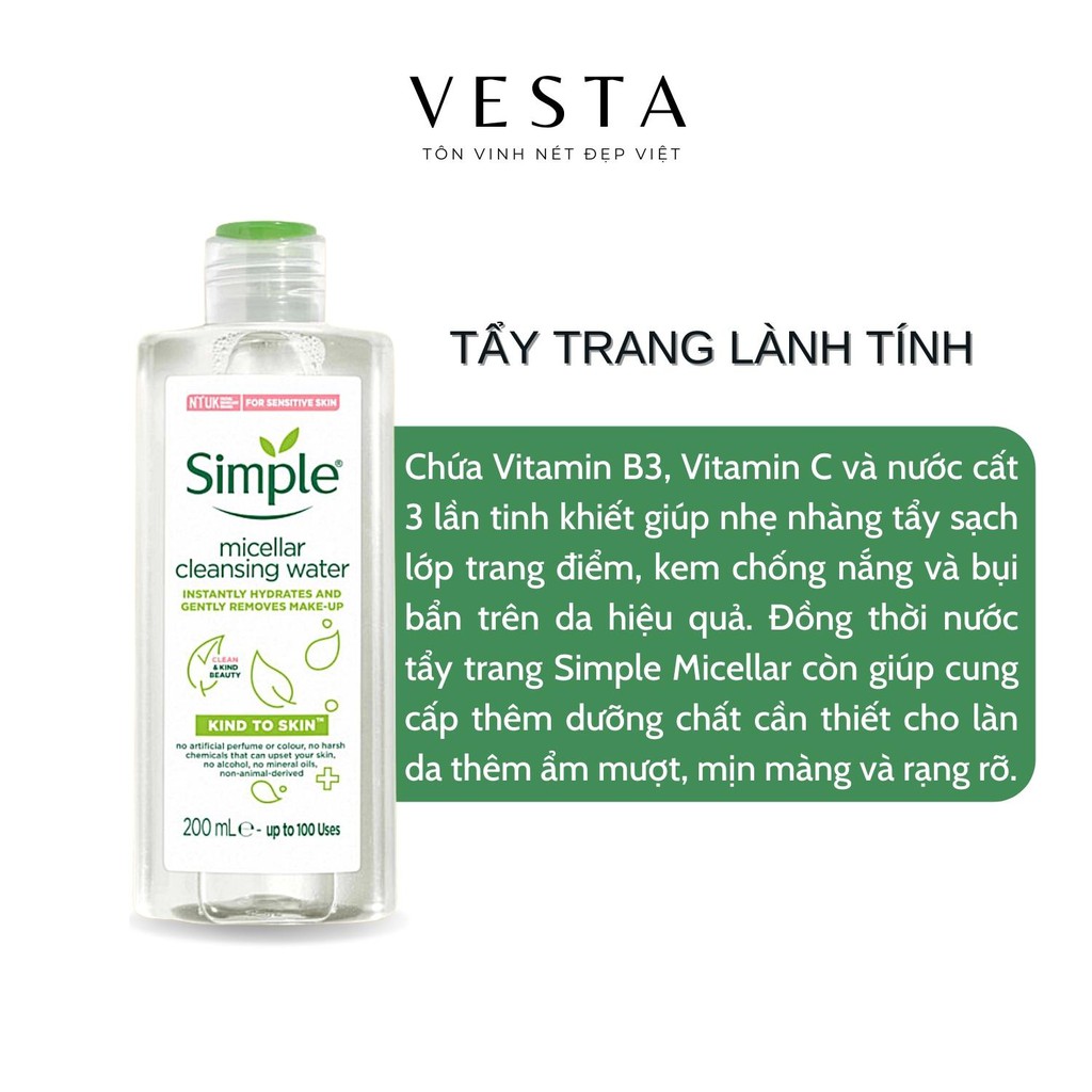 Nước Tẩy Trang Simple Micellar 200ml Làm Sạch Trang Điểm Skincare Chăm Sóc Dưỡng Da Vượt Trội