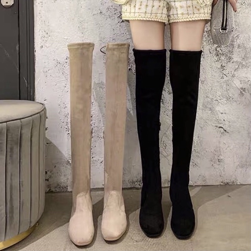 Boots đùi nữ da lộn mũi vuông lót lông có dây buộc chống tụt đế cao 4cm