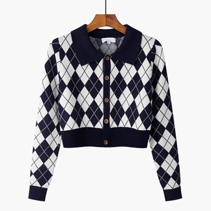 NUZIRO  Áo croptop  tay dài cổ bẻ họa tiết sọc caro phong cách cổ điển