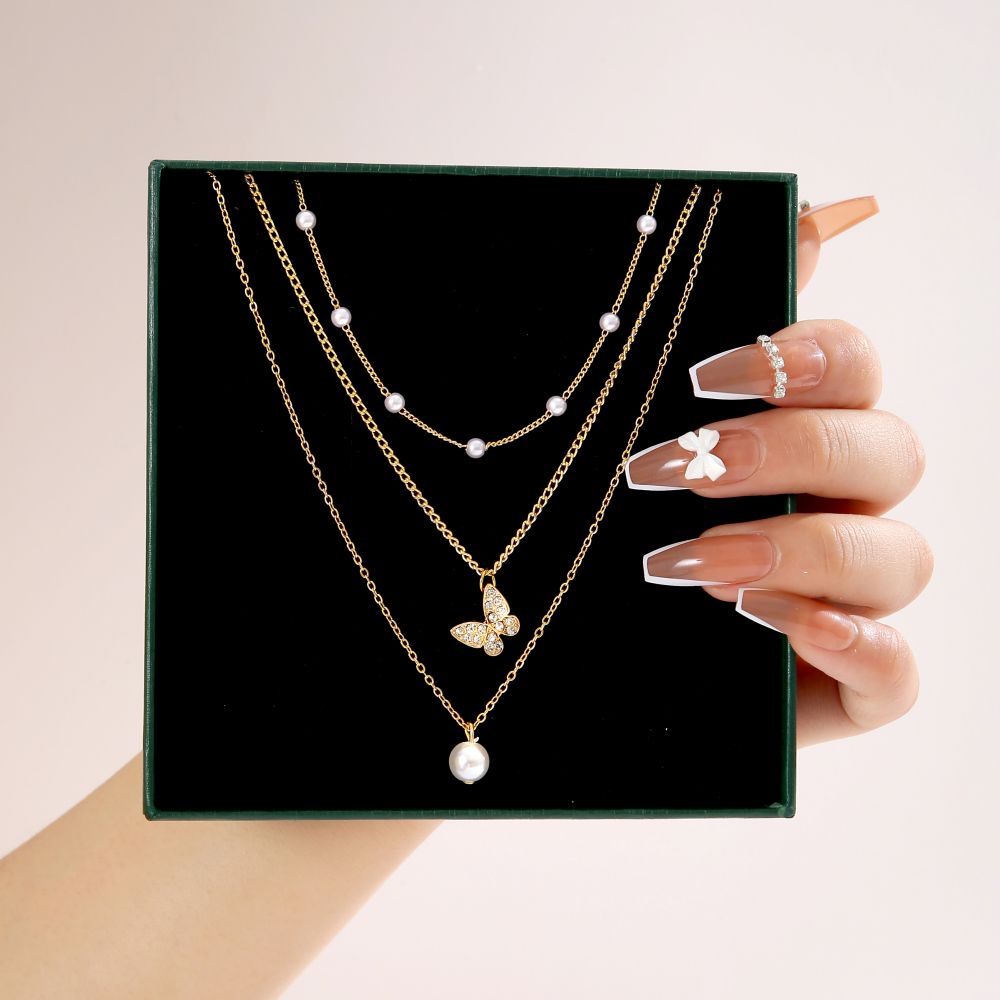 IF ME Vòng cổ Nhiều Lớp Mặt Hình Bướm/Rắn Đính Ngọc Trai Phong Cách Vintage