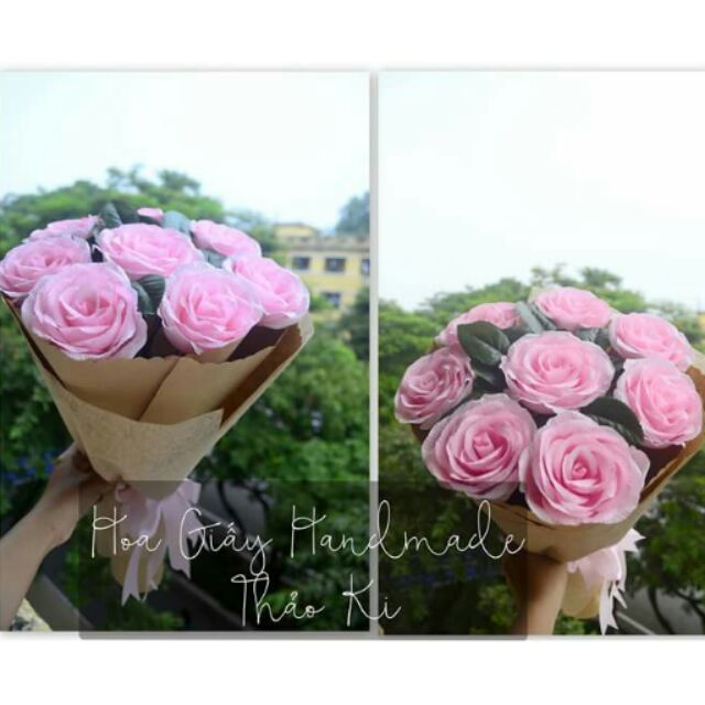 Hoa giấy handmade Thảo Ki- Bó 8 bông hồng cánh sen