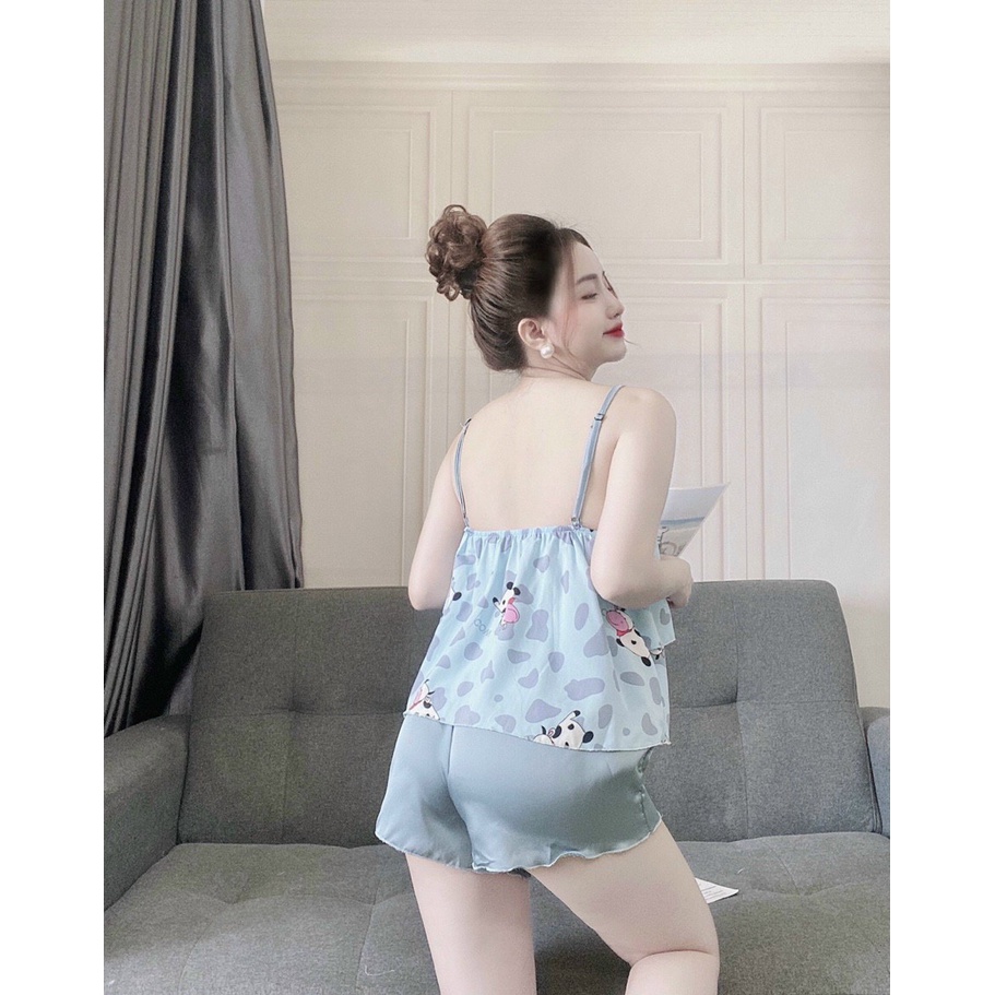 Đồ ngủ nữ, bộ mặc nhà 2 dây chất lụa phối satin, kiểu dáng dễ thương, chất vải mát, phom dưới 50kg | BigBuy360 - bigbuy360.vn