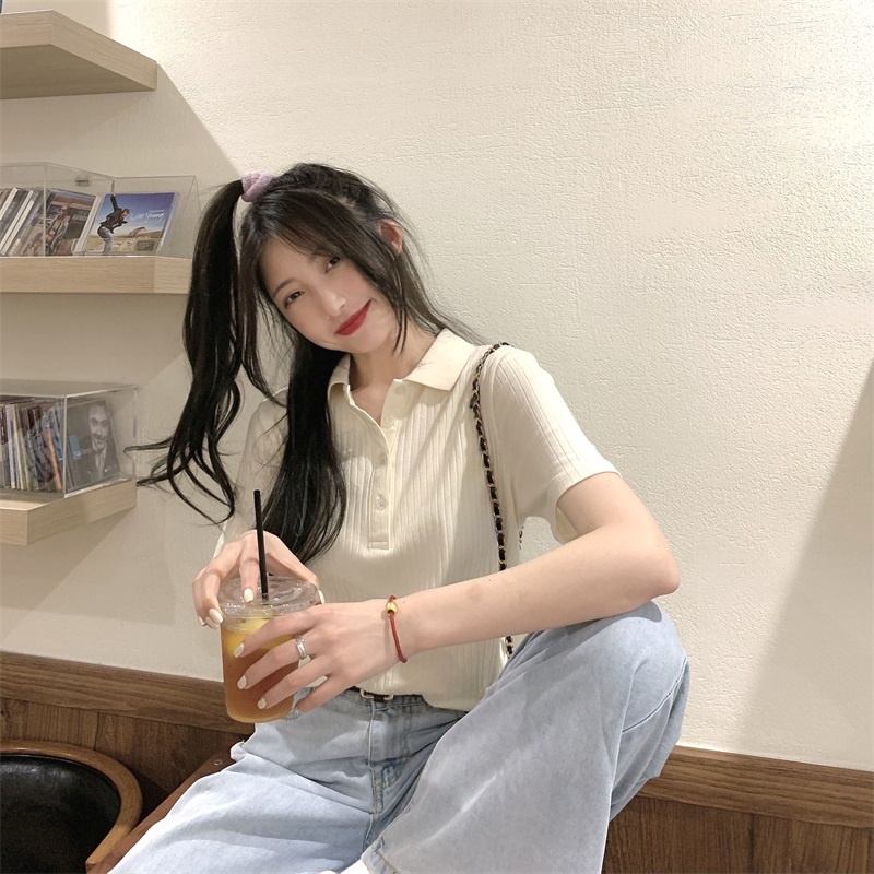 Áo polo nữ OKIMAC tay ngắn dáng rộng cổ bẻ sọc gân trơn phong cách đơn giản trẻ trung thời trang nữ