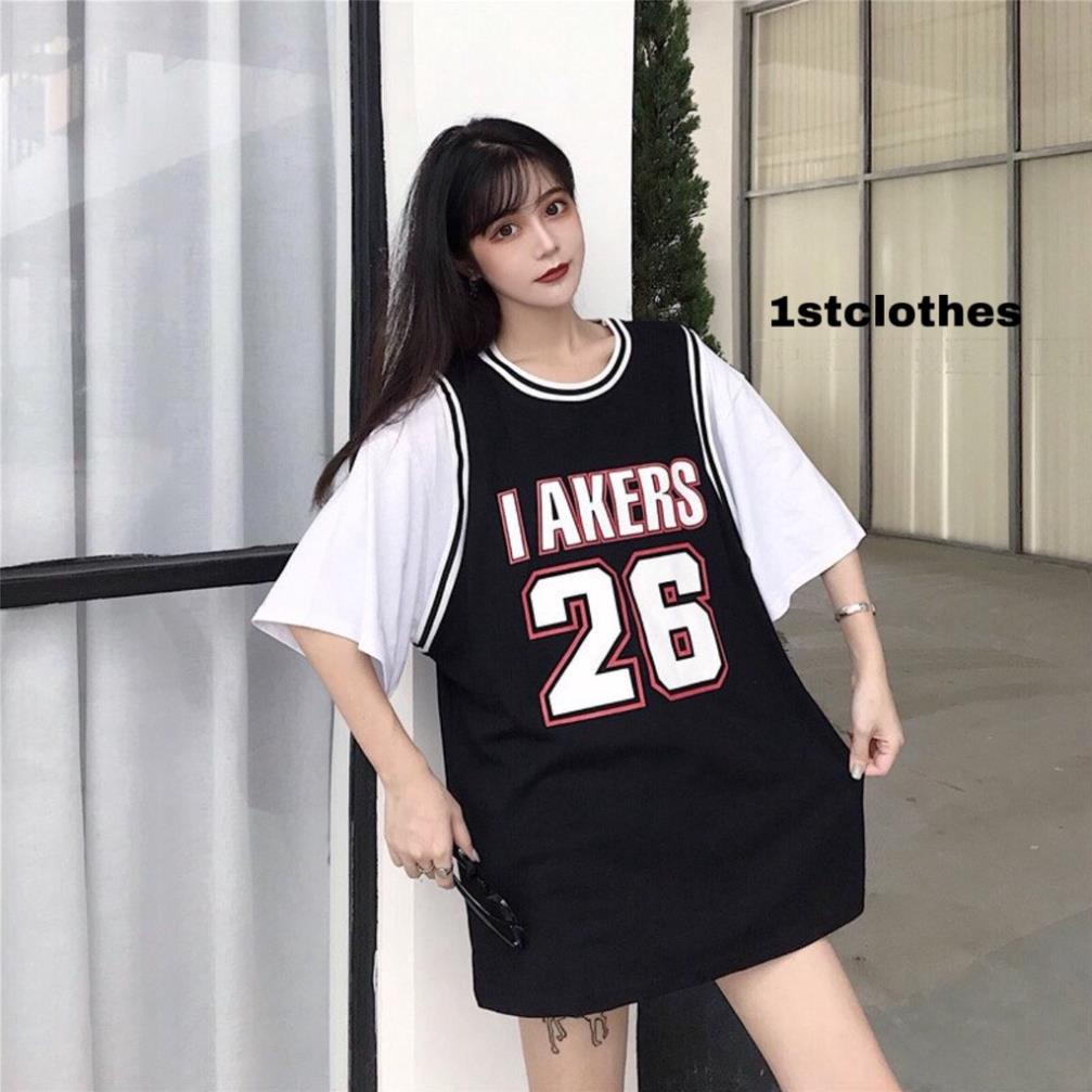 Áo thun unisex form rộng phối tay lỡ bóng rổ số 26 in chữ freesize 2 màu (đen, đỏ) 1stclothes Tốt