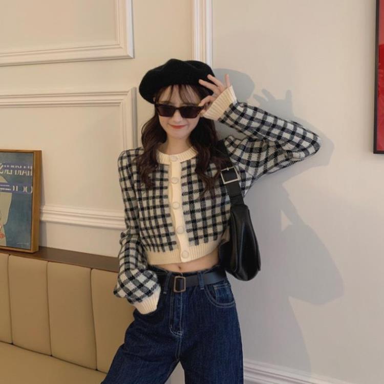 Áo khoác cadigan nữ tiểu thư crotop chất len kẻ caro, áo cardigan croptop tay dài phong cách Hàn Quốc