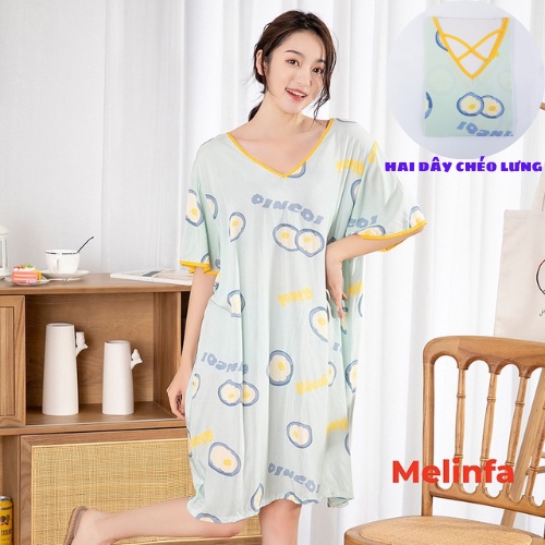 (Xả kho) Váy ngủ ngắn tay vải Cotton lụa tự nhiên thoáng mát mềm mịn, đầm mặc nhà cổ V gợi cảm freesize mã VAV0270