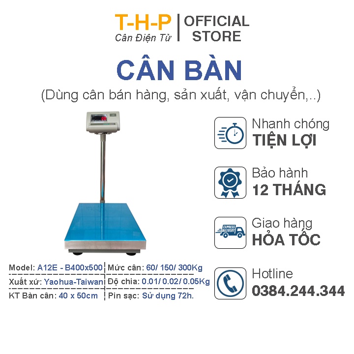Cân bàn điện tử A12E 60kg/ 100kg/ 150kg/ 200kg/ 300kg, Kích thước mặt bàn 40x50cm, Hiển thị LED đỏ, Pin sạc sử dụng 72h