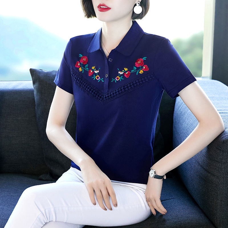 Áo thun cotton ngắn tay thêu họa tiết thời trang dành cho phụ nữ trung niên