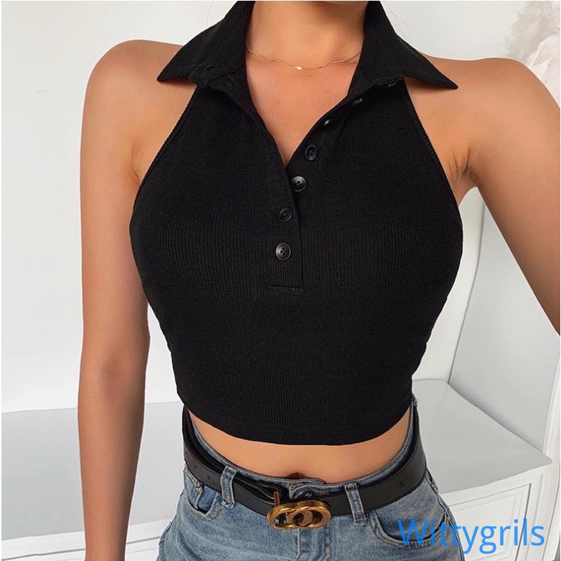 Wittygirls_shop | Áo Croptop sát nách màu sắc thanh lịch thiết kế cổ chữ V quyến rũ | BigBuy360 - bigbuy360.vn