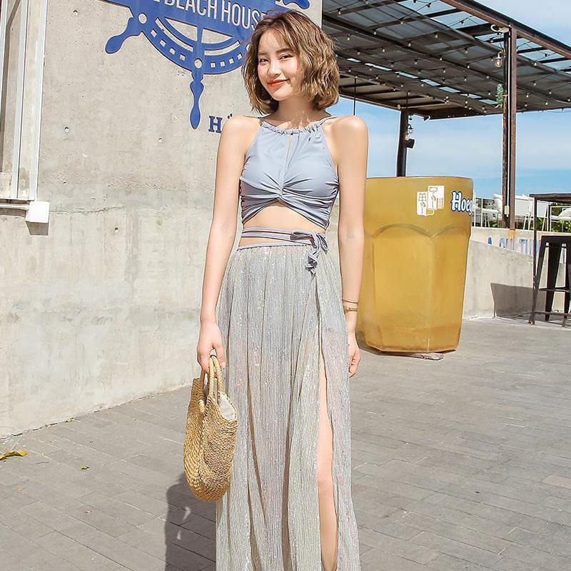 Set đồ bơi - đi biển 3 món - Bikini diềm bèo màu pastel - Váy quây đính kim sa trẻ trung quyến rũ