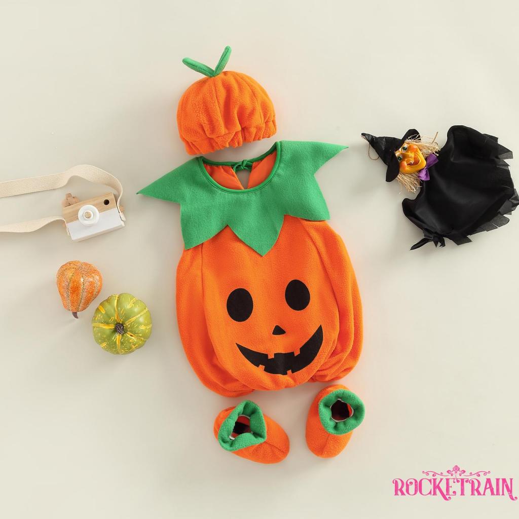 Set Áo Liền Quần + Mũ + Đôi Giày Hình Bí Ngô Dễ Thương Cho Bé